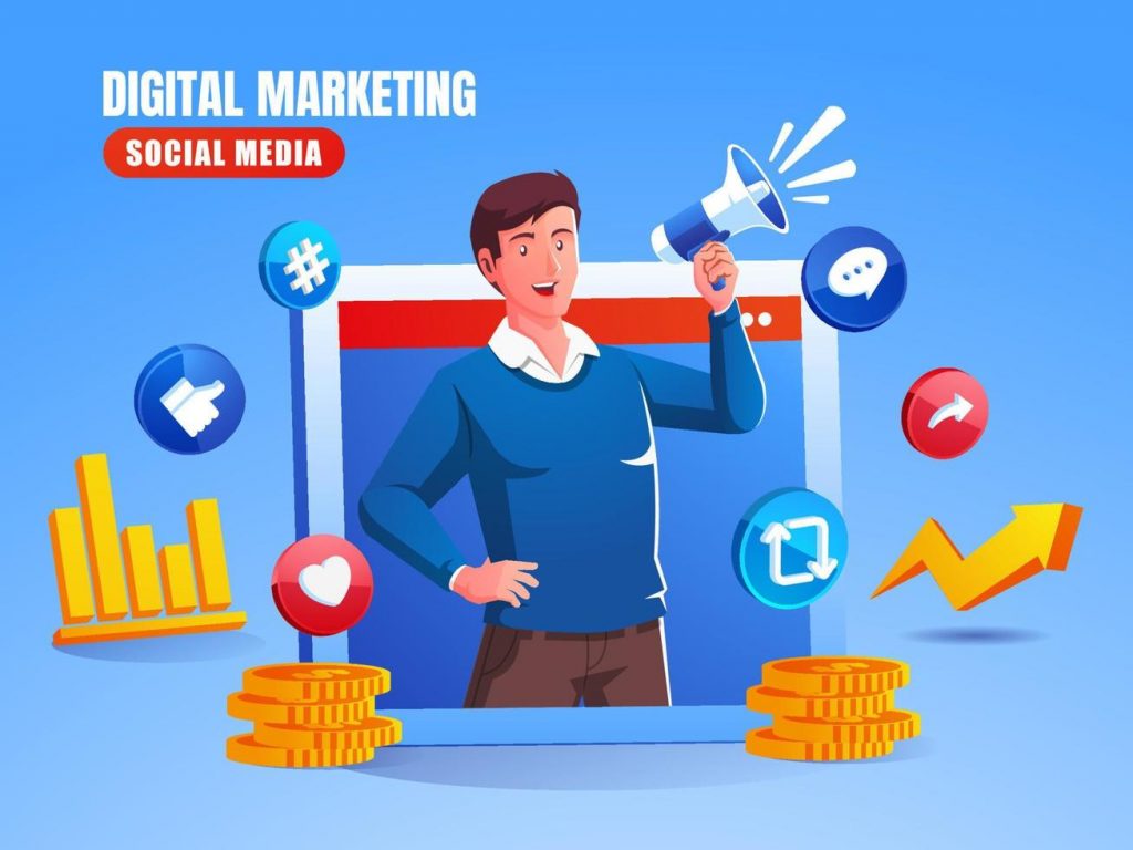 A Man Using A Megaphone Digital Marketing Social Media Concept Vector