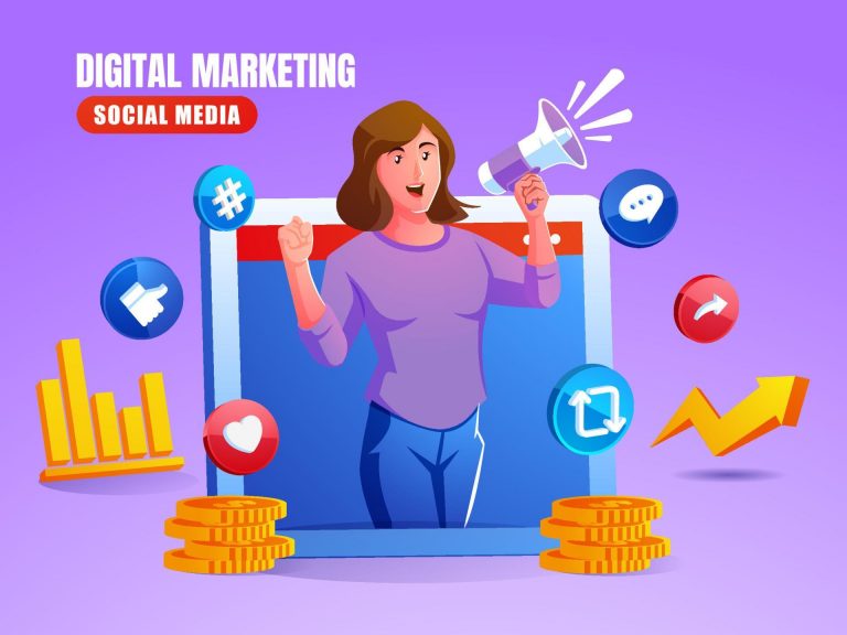 A Woman Using A Megaphone Digital Marketing Social Media Concept Vector