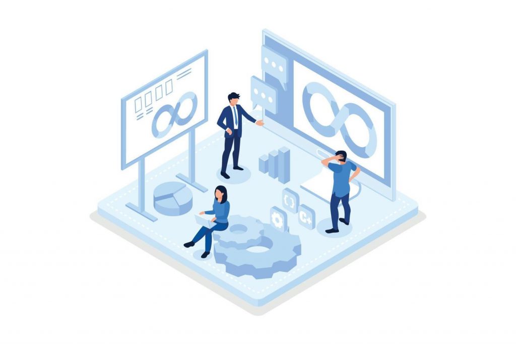 Devops At Work Concept Can Use For Web Banner Infographics Hero Images Isometric Modern Illustration Vector