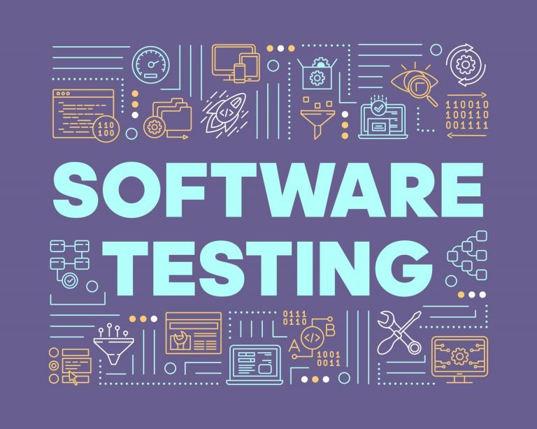 Software Testing Violet Word Concepts Banner Examine Computer System Detect Problems Presentation Website Isolated Lettering Typography Idea With Linear Icons Outline Illustration Vector