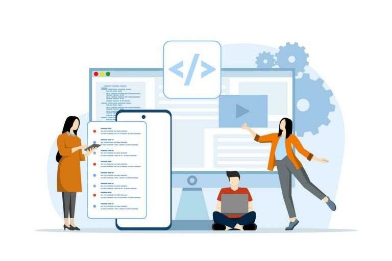 Web Development Concept Programming Language Css Html It Ui Cartoon Character Programmer Developing Website Coding Flat Illustration On White Background Vector